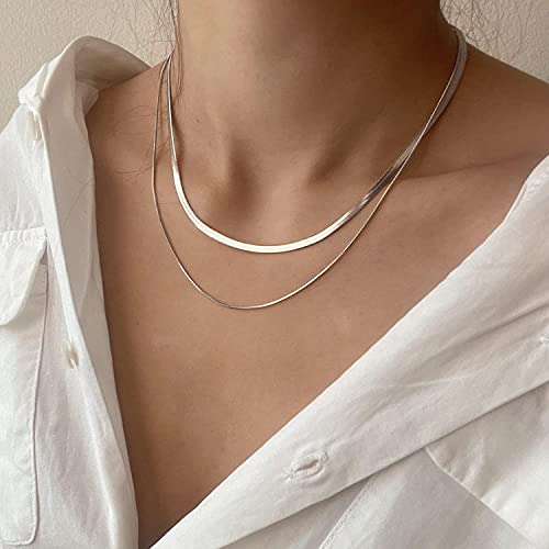 Tewiky Layered Necklaces for Women Non Tarnish- Chunky 14k Gold Plated Herringbone/Snake/Rope/Box/Cuban Link Chain for Women Waterproof Layering Stack Choker Necklace Trendy Dainty Tarnish Free Jewelry Set - color: Layered Herringbone Silver