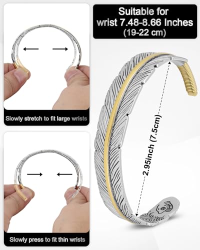 Stainless Steel Cuff Bracelet,Retro Gothic Punk Biker Cool Open Adjustable Cuff Bangle Bracelets Jewelry for Men Silver - style: Wide Feather