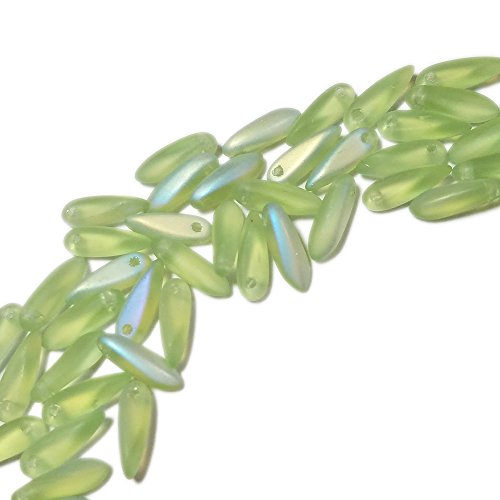 50 Czech Glass Beads Frosted Peridot Dagger with AB Finish, 3x11mm, Translucent, Kumihimo Bead,