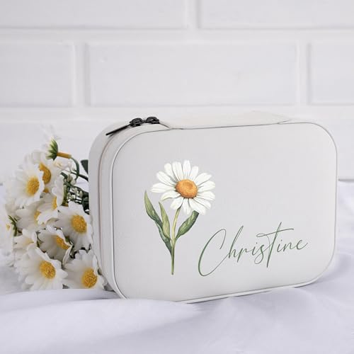 Custom Leather Jewelry Box with Name & Birth Flower Month, Birthday Gifts for Women, Personalized Jewelry Travel Case - Customized Jewelry Organizer Box, Mom Birthday Gifts, Tan - color: Tan