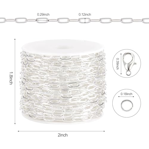 Kyutong 16.4FT/5M Thin Paperclip Chains for Jewelry Making Stainless Steel Necklace Making Supplies Silver Plated Craft Chain Link with Lobster Claw Clasps Jump Rings - color: silver paperclip