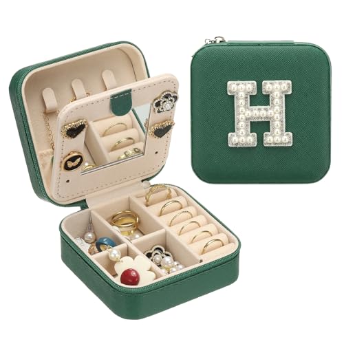 PATIKIL Travel Jewelry Case, H Initial Small Travel Jewelry Box Organizer Rings Earrings Storage Case Personalized Gifts for Women Girls Birthday Christmas Bridesmaid Gifts, Dark Green - style: H