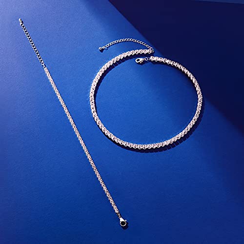 Tewiky Layered Necklaces for Women Non Tarnish- Chunky 14k Gold Plated Herringbone/Snake/Rope/Box/Cuban Link Chain for Women Waterproof Layering Stack Choker Necklace Trendy Dainty Tarnish Free Jewelry Set - color: Tennis Necklace Set Silver