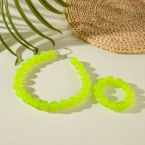 Colorful Chunky Beaded Necklace for Women Acrylic Bead Choker Necklaces Fashion Large Round Beads Necklaces for Women Handmade Summer Jewelry - color: Green bracelet + necklace