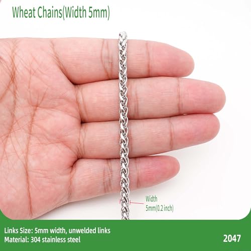 THREENEST 16.4-Feet Width 5mm Stainless Steel Wheat Chains, Permanent Craft Braided BSK Chains for Necklace Bracelet Earring Jewelry Making - color: Stainless Steel, size: Wheat Chains(width 5mm)