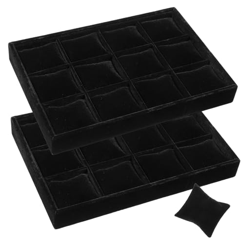 2 Pack 12 Grid Velvet Watch Tray Organizer with Removable Pillows - Stackable Bracelet & Bangle Display Holder for Drawer, Store, or Travel - Black