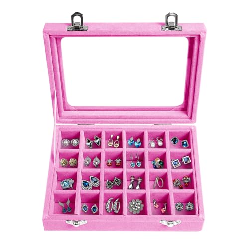 Velvet Jewelry Box 24 Grid Jewelry Earrings Display Organiser Box Ring Tray Holder Earrings Storage Case for Girls Wife Mom Women (Light Pink) - color: Light Pink