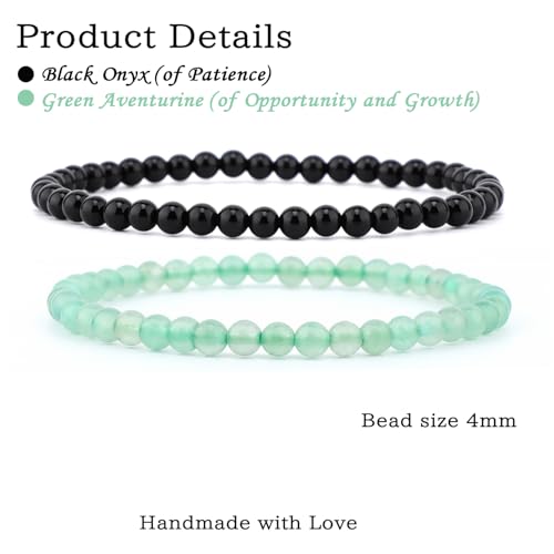NCB 2.3-Piece 4mm Natural Crystal Gemstone Stretch Bracelets – Handmade Reiki Energy Healing Jewelry for Meditation,Yoga, Unisex - color: 2PCS ( Black Onyx+Green Aventurine ), size: 4mm