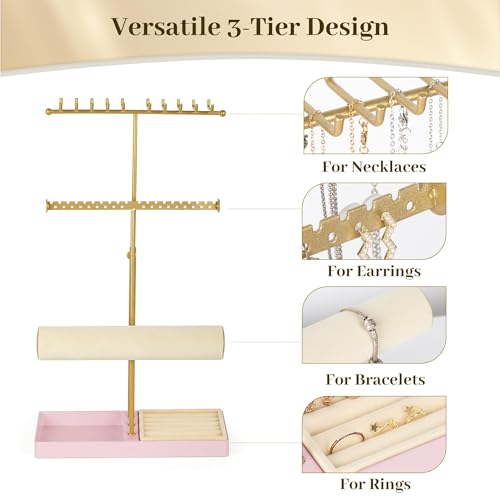 Tirzah 3-Tier Adjustable Gold Jewelry Holder Organizer Stand with 20 Necklace Hooks, 18 Earring Holes and Notches, Bracelet Holder, 6 Ring Rolls, Pink Tray for Girls, Women - color: Gold & Pink, for Necklace Earring Bracelet