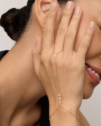 PAVOI 14K Gold Plated Hand Chains for Women - Adjustable Hand Chain Bracelet and Ring - Trendy Gold Handchain Bracelet Stack Summer Jewelry - Beads, Pearl, and Cubic Zirconia Body Jewelry - style: Station