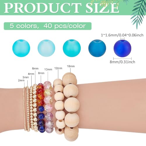 PH PandaHall 200pcs Blue Frosted Glass Beads 8mm Round Bracelet Bead 5 Colors Transparent Frosted Crystal Beads Glass Jewelry Loose Bead for Summer Beading Necklaces Bracelets Jewelry Making - color: Blue