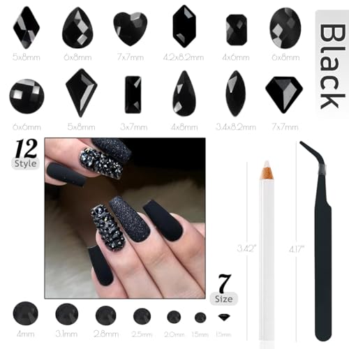 qiipii 4080Pcs Black Nail Rhinestones Crystal Flatback Jet Black Rhinestones Round Beads Glass Gems Stones Nail Art Gems Diamonds jewels Multi Shapes Sizes Nail Charms for Nails Eyes Makeup DIY Crafts - color: Jet Black, size: A Set