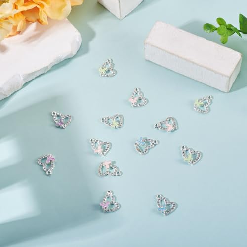 FASHEWELRY 16Pcs Alloy Rhinestone Pendants Heart with Butterfly Enamel Charms Crystal Hollow Heart Rhinestone Dangle Pendants Silver for DIY Earring Necklace Jewelry Making - color: Heart with Butterfly-Silver