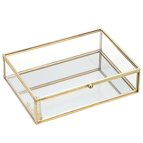 Hipiwe Glass Jewelry Display Box Gold Photo Organizer with Mirror Base Decorative Golden Box for Ring Earring Keepsake Makeup Treasure, 7.3 x 5.3 x 2 Inch - size: 7.3 x 5.3 x 2 Inch