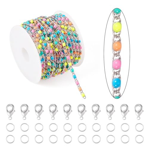 KISSITTY 9.84 Feet Stainless Steel Link Chains Enamel Bead Necklace Bracelet Unwelded Chain Jewelry Making Kit for Women Choker Anklet DIY Clothes Decor Crafts Making with Clasps Jump Rings