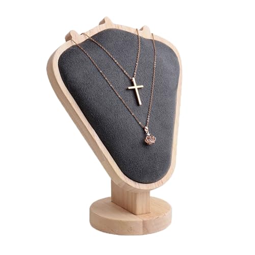 TANG SONG 8.27" Natural Wooden Base Flannelette Soft Mat Necklace Display Stand Jewelry Organizer Holder (Natural-Gray) - color: Natural -Gray