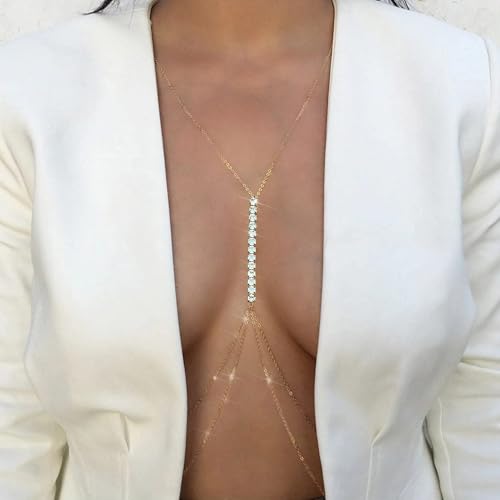 14K Gold Plated Body Chains for Women, Sexy Layered Belly Waist Chain Crossover Bikini Bra Chain, Summer Beach Rhinestone Body Jewelry - style: 10 Diamonds