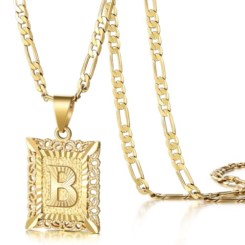 KissYan Initial Letter Pendant Necklace for Men Women, 14K Gold Plated Square Capital Monogram Necklace Alphabets from A-Z Figaro Chain Jewelry - color: 1-Gold, style: B