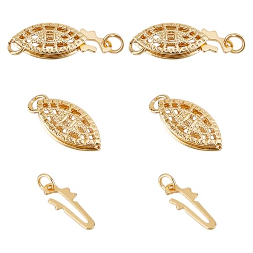 2 Pcs Brass Pearl Filigree Necklace Clasp, 15mm Golden Oval Filigree Fish Hook Clasp Horse Eye Jewelry Slide Clasps Bracelet Connectors for Necklace Bracelet Chain Jewelry Making - color: Golden