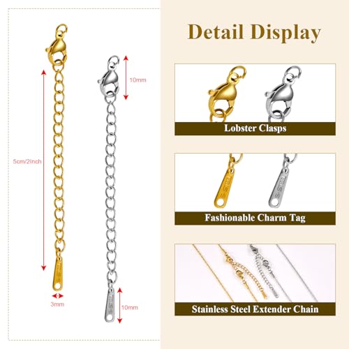 20PCS Gold Plated Necklace Extender for Women 2 Inch Chains Extenders for Necklace Gold and Silver Bracelet Anklet Extension with Charm for Jewelry - color: Large and Small