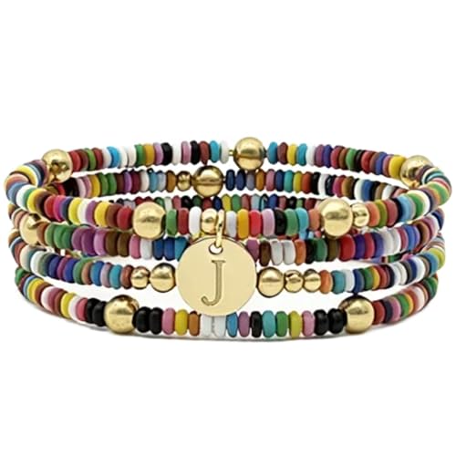 Set of 4 Colorful Bead Initial Bracelets, Personalized Stackable Jewelry, Adjustable Stretchy Charm Bracelets for Women, Beaded Bracelet Set, Trendy Custom Jewelry Gift - style: Colorful Bead - J
