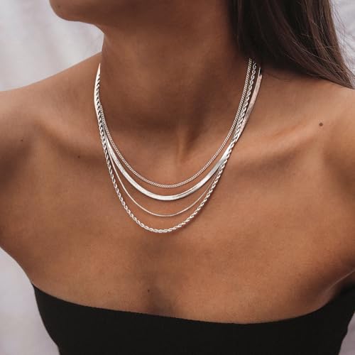 Tewiky Layered Necklaces for Women Non Tarnish- Chunky 14k Gold Plated Herringbone/Snake/Rope/Box/Cuban Link Chain for Women Waterproof Layering Stack Choker Necklace Trendy Dainty Tarnish Free Jewelry Set - color: 4 Layered Necklace Silver