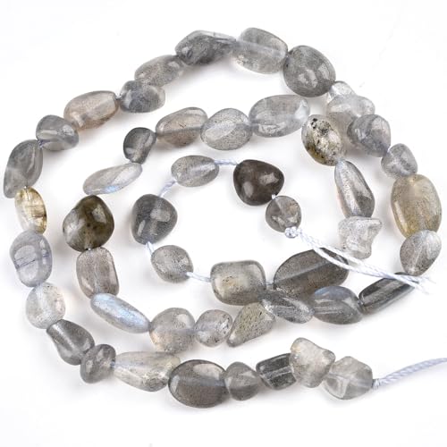 HAAMIIQII Natural Gray Labradorite Pebble Stone 5-8mm Small Irregular Freeform Tumbled Loose Gemstone Beads for Jewelry Making Strand 15 Inch (45-50pcs) - color: Gray Labradorite