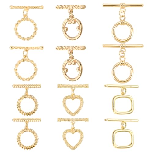 PH PandaHall 18K Toggle Clasps, 6 Styles T-Bar Closure Clasp 12 Sets Jewelry Clasps Flower Ring Leaf IQ Brass Bracelet Clasp for Necklace Making - color: 6 Styles