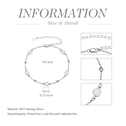 HPQQ Anklet Bracelet for Women 925 Sterling Silver Natural Stone Chain Bead Ankle Bracelet Beach Summer Fine Jewelry Mothers Day Birthday Gifts for Women Mom Wife - color: Bracelet-7"-9"-Opal