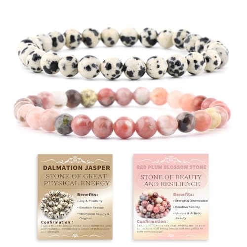 NCB 2.3-Piece 4mm Natural Crystal Gemstone Stretch Bracelets – Handmade Reiki Energy Healing Jewelry for Meditation,Yoga, Unisex - color: 2PCS ( Dalmation Jasper+Red Plum Blossom Stone ), size: 6mm