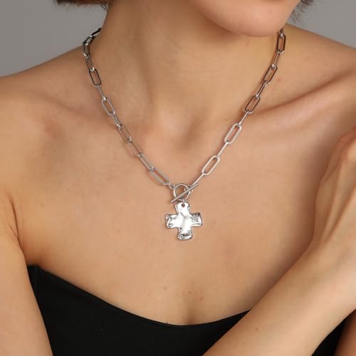 Bheop Chunky Cross Necklace for Women Trendy 14K Gold Silver Layered Statement Cross Pendant Charm Necklace Waterproof Paperclip Herringbone Snake Choker Chain Christian Jewelry Set Gift Non Tarnish - style: SL-Toggle Necklace（1 inch Pendant）