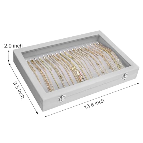 Siveit Necklace Organizer Box Premium 20 Hooks Velvet Necklace Display Jewelry Tray with Transparent Lid Jewelry Necklace Display Box for Necklace Pendants Suitable for Women and Girls (Grey) - color: Grey