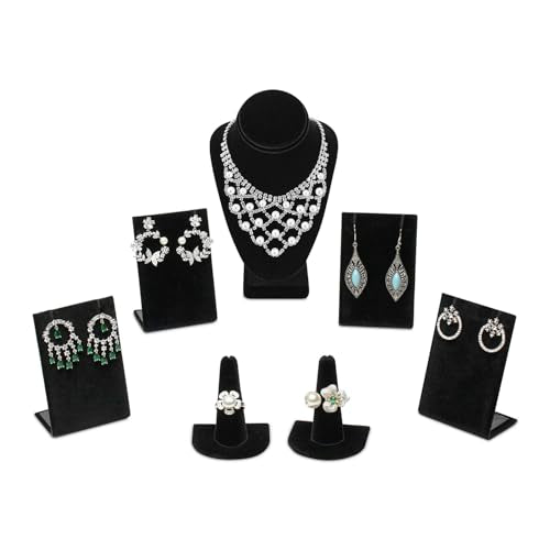 MOOCA Jewelry Display Set, Necklace Display Bust, Earring Organizer, Ring Holder Stand for Showcase and Store, Premium Fabric - color: 2) 7 piece. Black Velvet