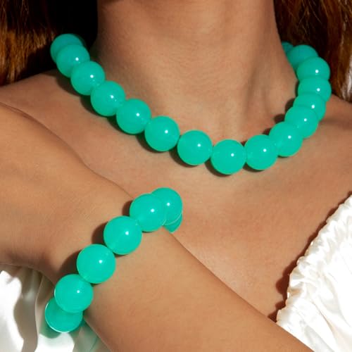 Colorful Chunky Beaded Necklace for Women Acrylic Bead Choker Necklaces Fashion Large Round Beads Necklaces for Women Handmade Summer Jewelry - color: Cyan bracelet + necklace
