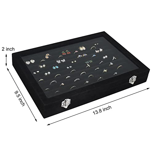 Siveit Rings Organizer Tray 10 Slots Velvet Ring Display Tray Insert Jewelry Earring Storage Box with Transparent Glass lid Can Hold 100 Rings Earrings Suitable for Girls and Women (Black) - color: Black