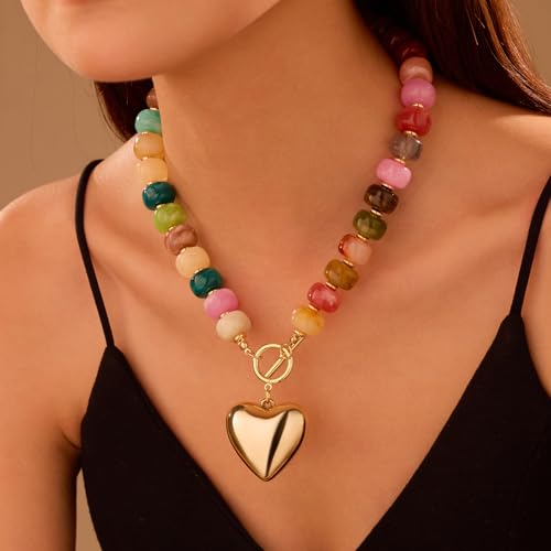 GZQ Chunky Gold Heart Necklace for Women, Resin Beaded Chain with Puff Heart Adjustable Clasp, Perfect for Daily Wear Party Date Streetwear Outfits Fashion Jewelry Gift - color: Colorful