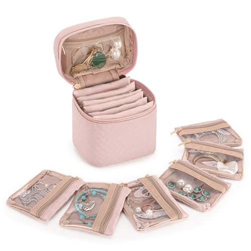 Teamoy Mini Jewelry Organizer with 6 Small Jewelry Bags, Travel Jewelry Storage Box for Necklaces, Rings, Earrings, Bracelets, Quilted Pink - color: Pink