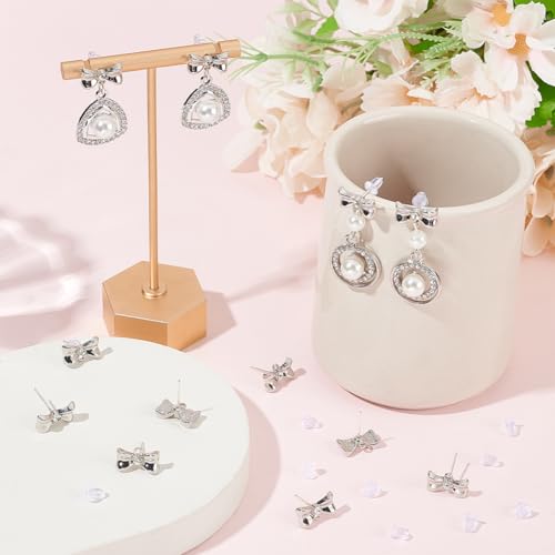 SUNNYCLUE 1 Box 20 Sets 925 Sterling Earring Studs with Loop Earring Posts Findings Silver Rhinestone Bowknot Ear Post Stud with Hole Bulk for Jewelry Making Accessories DIY Crafts Supply - style: Bow 1