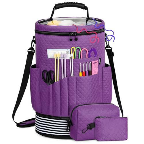 IBFUN Crochet Yarn Knitting Bag 3PCS - Expandable Yarn Storage Organizer Crocheting Bag with Accessories Cases Adjustable Strap for Hooks, Needles, Accessories, Crochet Lovers, Supplies, Beginners - color: Purple