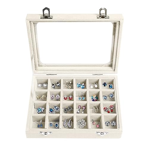 Velvet Jewelry Box 24 Grid Jewelry Earrings Display Organiser Box Ring Tray Holder Earrings Storage Case for Girls Women Wife Mom (Beige) - color: Beige