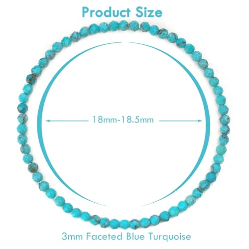 BONNY BOXX Natural Genuine Gemstone Faceted Round Beads Bracelets, 3mm Adjustable Stretchy Tiny Faceted Black Tourmaline Bracelet, Healing Crystal Reiki Chakra Dainty Jewelry Fashion Gifts - color: Blue Turquoise