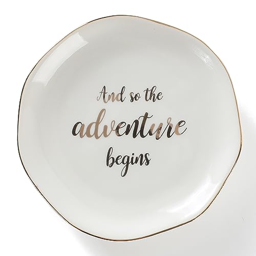HOME SMILE And So The Adventure Begins Ring Dish-Inspirational Bridal Shower, Bachelorette Party, Engagement Wedding Gifts, Congratulation Present for New Chapter,Ceramic White - style: And So The Adventure Begins
