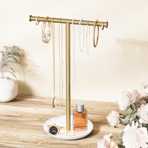 Gold Necklace Organizer Stand with Storage Tray - 12.6" Tall T-Shaped Jewelry Holder Stand for Bracelets, Earrings, Rings | Stylish Home & Vanity Décor for Women. - color: Gold