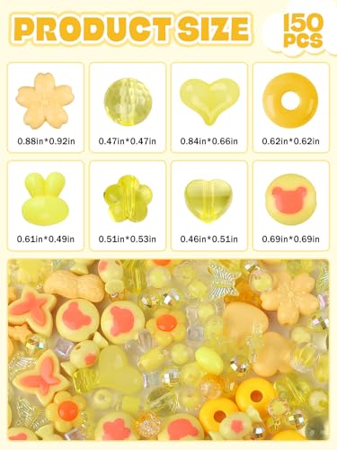 150PCS Acrylic Pastel Beads for Jewelry Making, Kalolary Colorful Bow Butterfly Flower Kawaii Plastic Candy Heart Cute Macaroon Aesthetic Beads for Bracelet Necklace DIY Supplies (Yellow) - color: Yellow