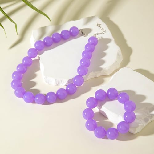Colorful Chunky Beaded Necklace for Women Acrylic Bead Choker Necklaces Fashion Large Round Beads Necklaces for Women Handmade Summer Jewelry - color: Purple bracelet + necklace