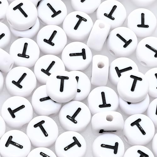 Amaney Letter Beads T 100pcs 7×4mm White Round Acrylic Black Alphabet for Jewelry Making - color: T
