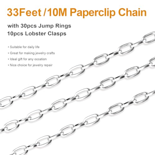Kyutong 32.8 Feet Flat Oval Paperclip Jewelry Chain Link Silver Stainless Steel Chain Necklace Long Crafting Chains with Lobster Clasps and Open Jump Rings - color: Oval Paperclip Silver
