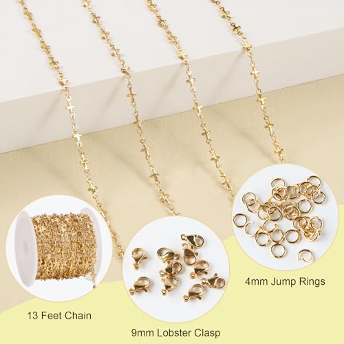 SMYHTGLIF 13 Feet Gold Cross Chain for Jewelry Making Stainless Steel Chain Bulk Craft Jewelry with Lobster Clasps and Jump Rings - color: Cross Gold