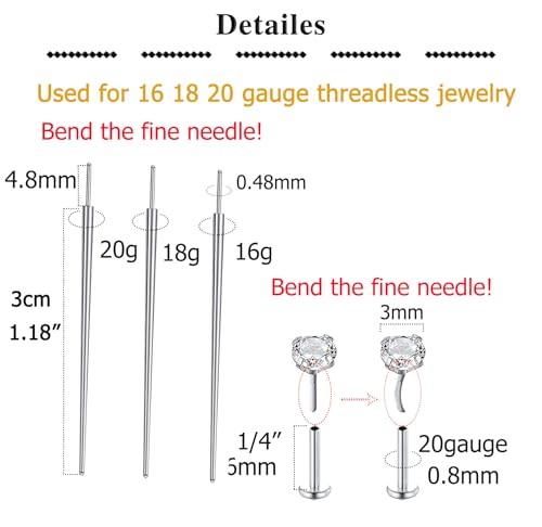 QWALIT Piercing Taper Threadless Insertion Tool - Titanium Labret Pin 16g, 18g, 20g - color: B1 - Stainless Steel Mix Sizes