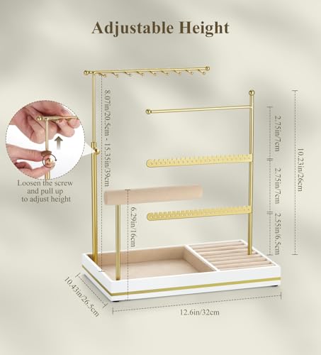 Emibele Jewelry Holder, Jewelry Organizer Stand Necklace Earrings Bracelet Holder, 5 Tier Jewelry Display Tower Rack with Metal Frame and Velvet Ring Tray, Aesthetic Jewelry Stand Gift for Women, Gold - color: Gold & White